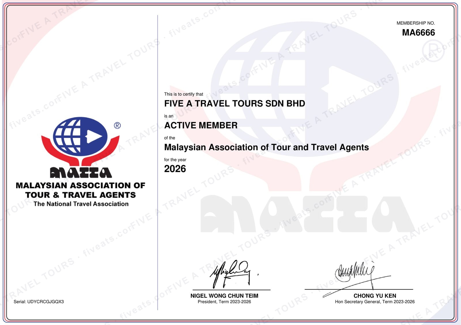 MATTA Active Member certificate for Five A Travel Tours — membership MA6666